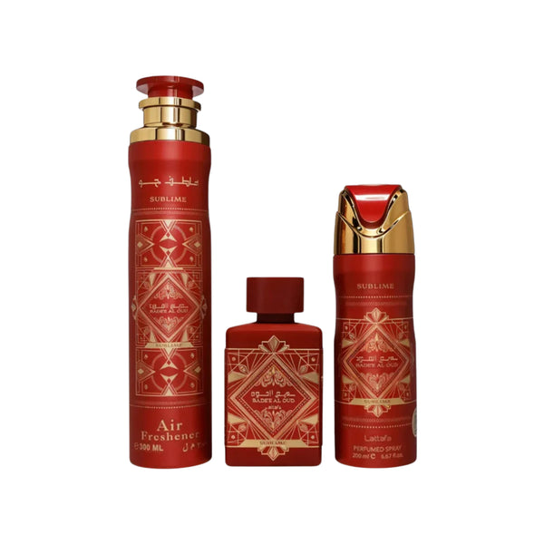 Lattafa Set Badee Al Oud Sublime 3 Pcs 3.4 Oz Edp + 6.7 Oz Deo + 10 Oz Air Freshner Unisex