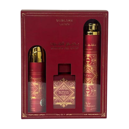 Lattafa Set Badee Al Oud Sublime 3 Pcs 3.4 Oz Edp + 6.7 Oz Deo + 10 Oz Air Freshner Unisex