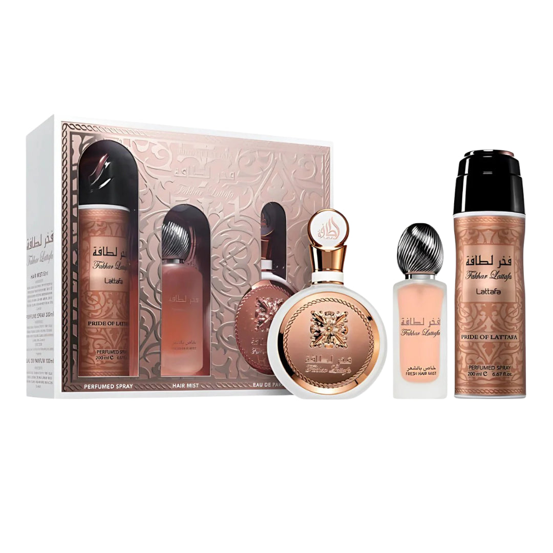Lattafa Set Fakhar Rose Gold 3.4 Oz 6.7 Body Spray 1.7 Oz Hairmist Edp Women