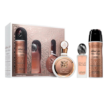 Lattafa Set Fakhar Rose Gold 3.4 Oz 6.7 Body Spray 1.7 Oz Hairmist Edp Women