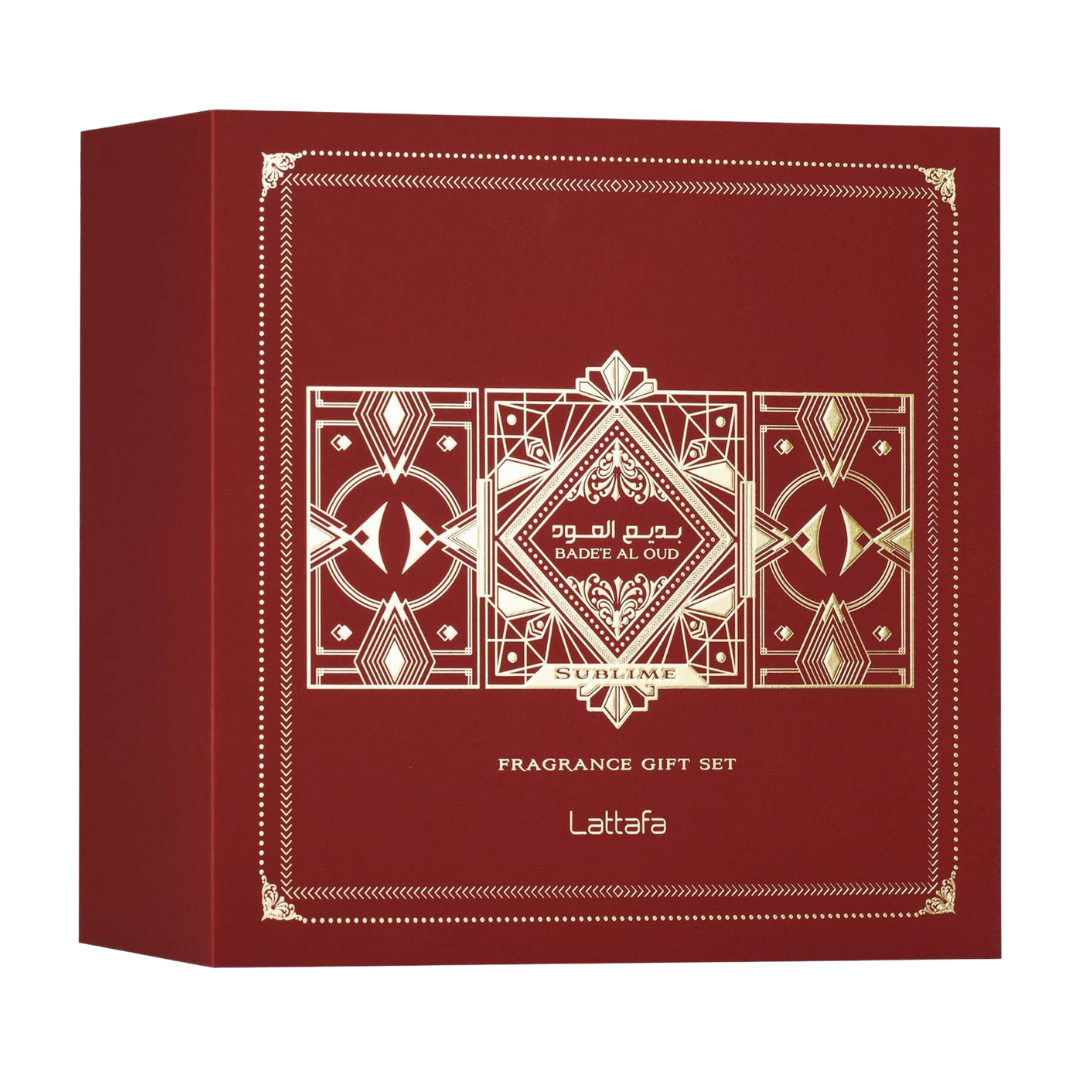 Lattafa Set Badee Al Oud Sublime  3 Pcs 3.4 Oz Edp + 12Ml Travel Spray + 50Ml Hairmist Unisex