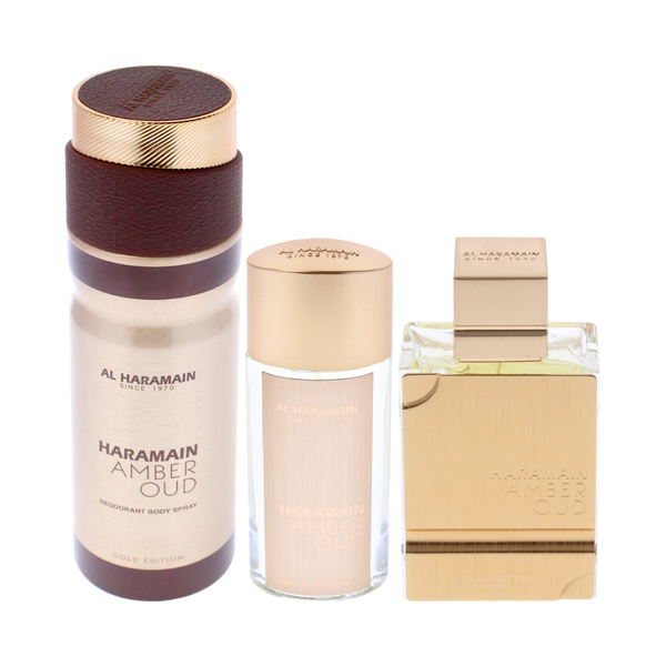 Al Haramain Set Amber Oud Gold 3 Pc Set 2.5 Oz Edp1.0 Oz Edp 6.6 Oz Body Sp Unisex