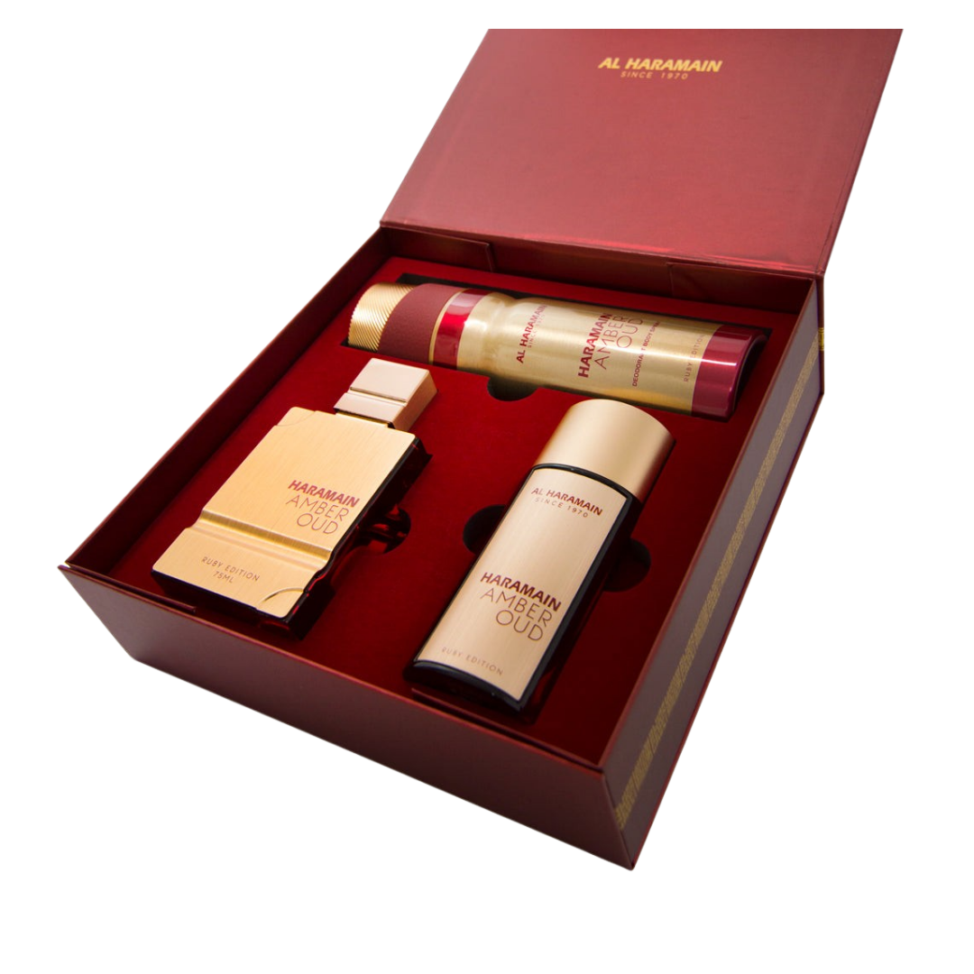 Al Haramain Set Amber Oud Ruby 3 Pc Set 2.5 Oz Edp 1.0 Oz Edp 6.6 Oz Body Sp Unisex
