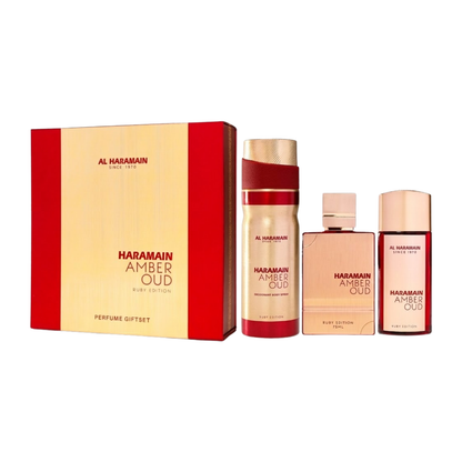 Al Haramain Set Amber Oud Ruby 3 Pc Set 2.5 Oz Edp 1.0 Oz Edp 6.6 Oz Body Sp Unisex