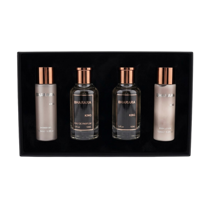 Bharara Set King 3.4 Oz Edp + Body Lotion 5.0 Oz + After Shave 3.4 Oz + Shower Gel 5.0 Oz Men