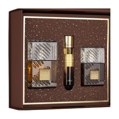 Lattafa Set Khamrah Qahwa 3.4 Oz  Edp + Travel Spray 12ml + Hairmist 50ml Men