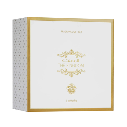 Lattafa Set The Kingdom 3.4 Oz Edp + Travel Spray 12ml + Shower Gel 3.4 Oz Men
