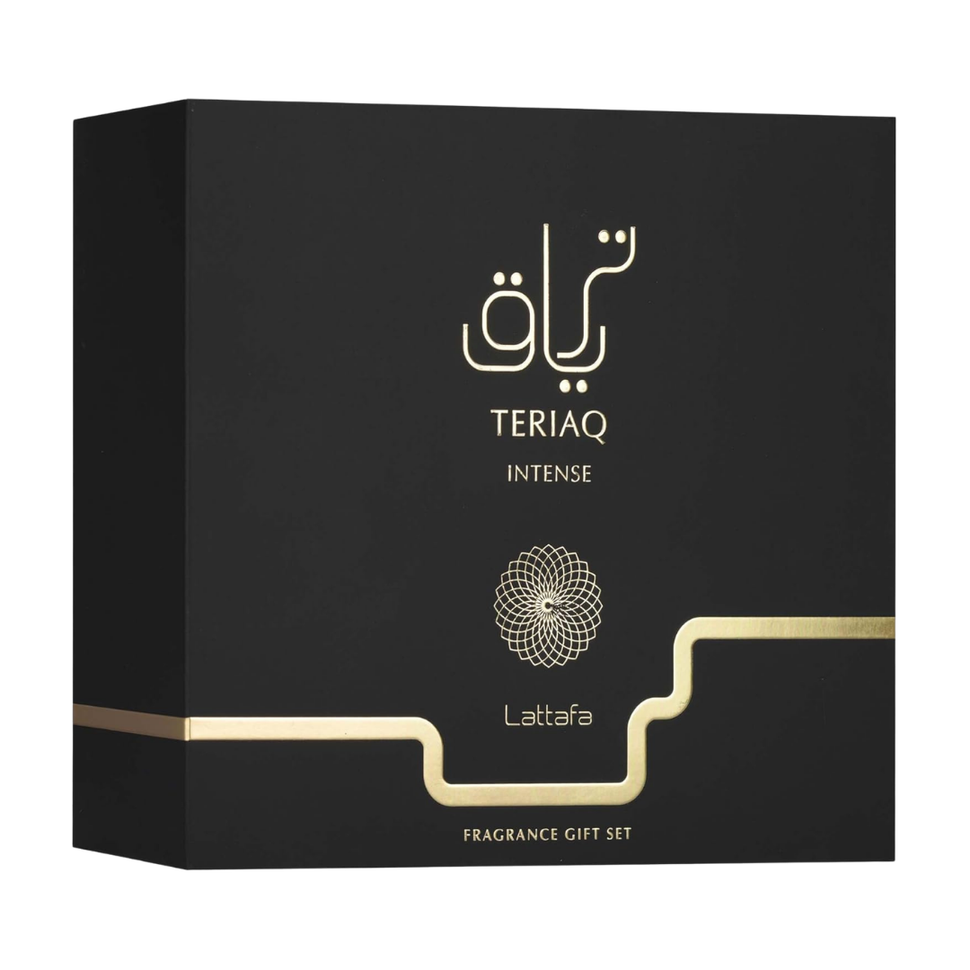 Lattafa Set Teriaq Intense 3.4 Oz Edp + Travel Spray 12ml + Hairmist 50ml Unisex