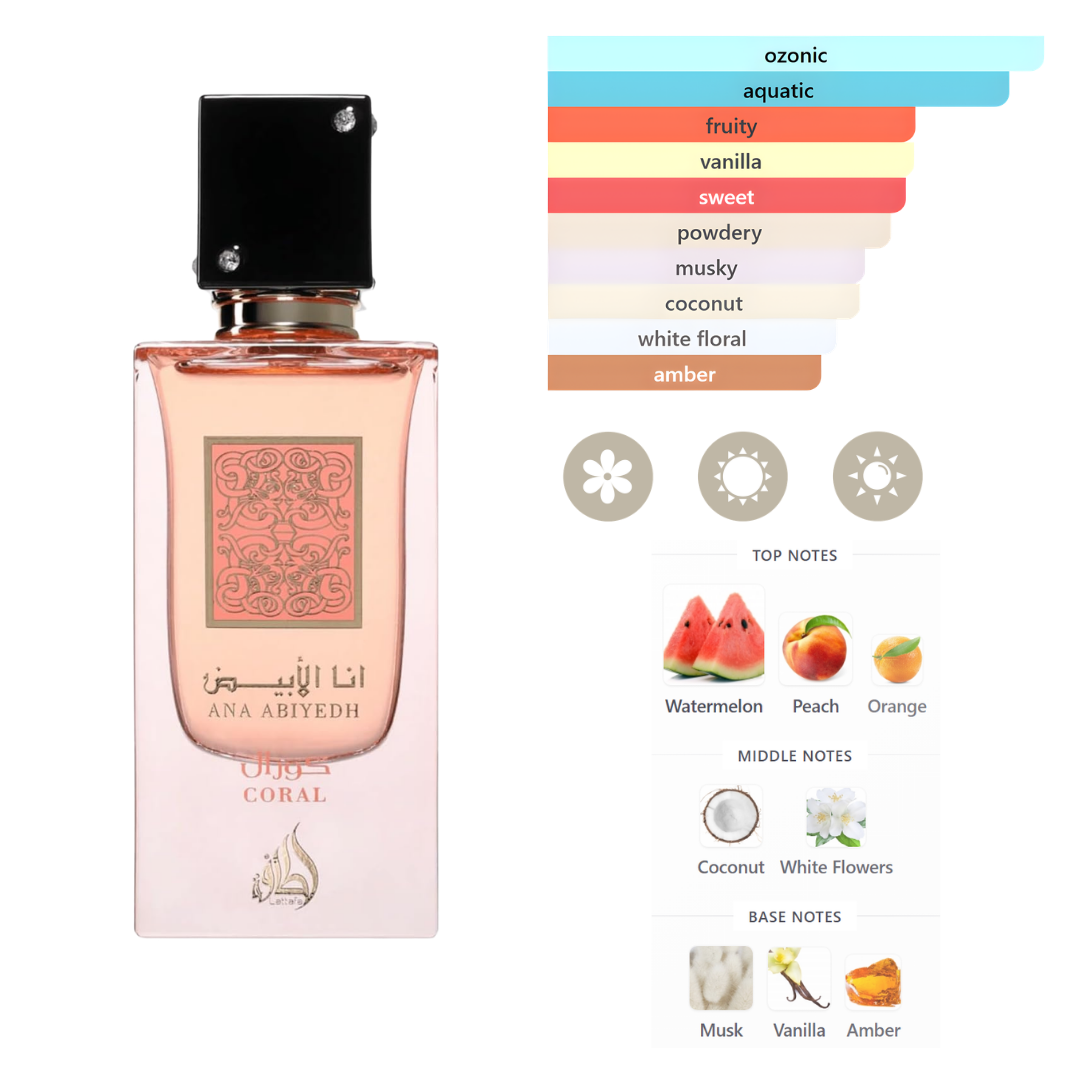 Lattafa Ana Abiyedh Coral 2.0 Oz Edp + Travel Spray 12ml + Hairmist 50ml Women