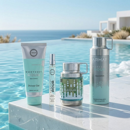Armaf Set Odyssey Aqua 3.4 Oz Edp + Travel 10ml + Shower Gel 3.4 Oz + Body Spray 6.8 Oz Men
