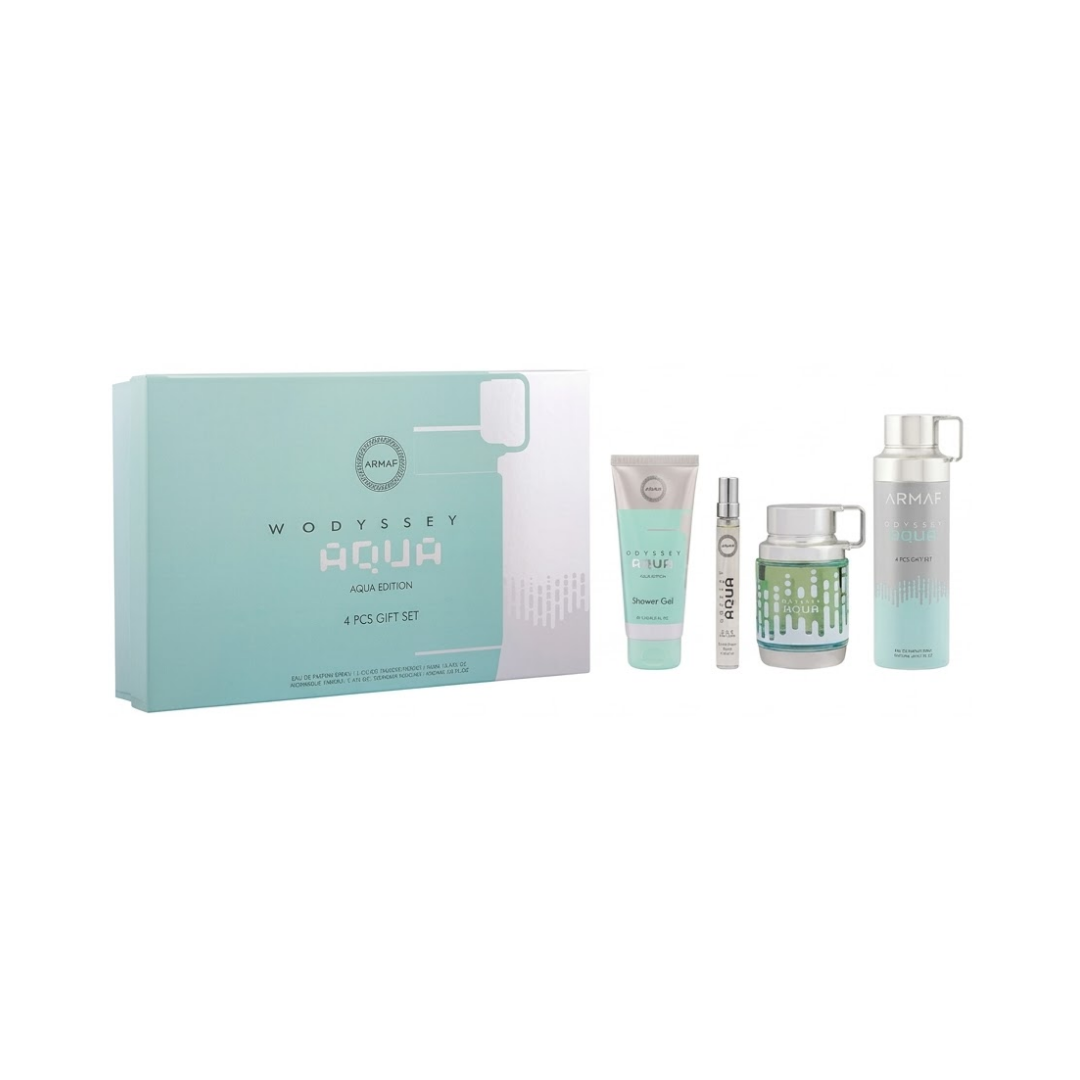 Armaf Set Odyssey Aqua 3.4 Oz Edp + Travel 10ml + Shower Gel 3.4 Oz + Body Spray 6.8 Oz Men