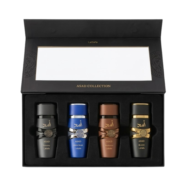 Lattafa Set Asad Collection Asad Zanzibar + Asad Men + Asad Elixir + Asad Bourbon 0.80 Oz Men