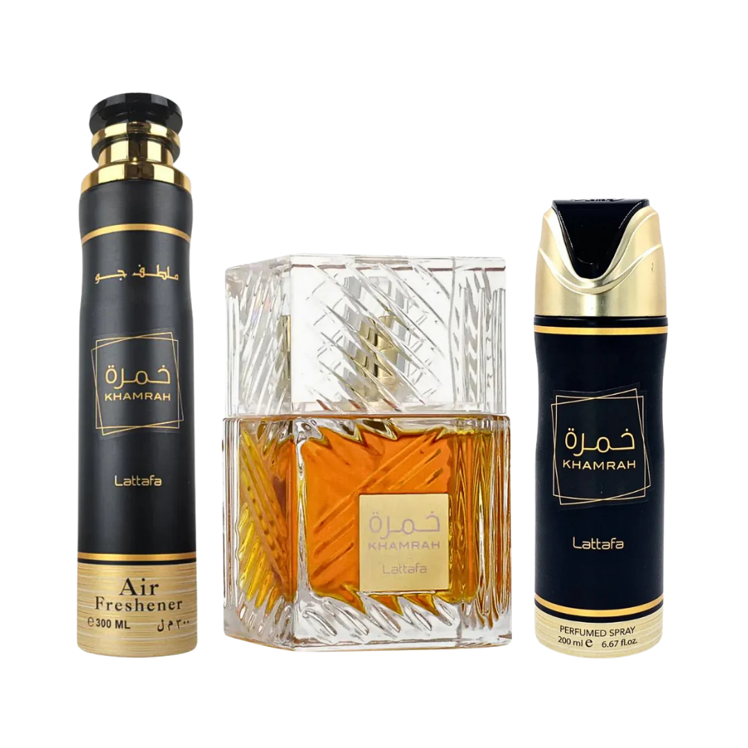 Lattafa Set Khamrah Khamrah 3 Pcs 3.4 Oz Edp 6.7 Oz Deo 10.1 Oz Air Freshner Men