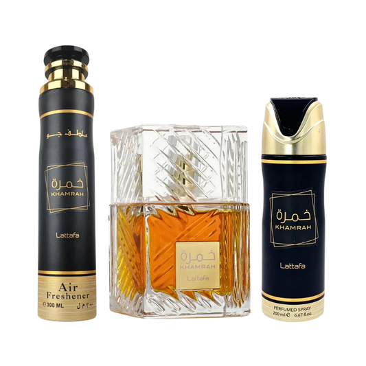 Lattafa Set Khamrah Khamrah 3 Pcs 3.4 Oz Edp 6.7 Oz Deo 10.1 Oz Air Freshner Men