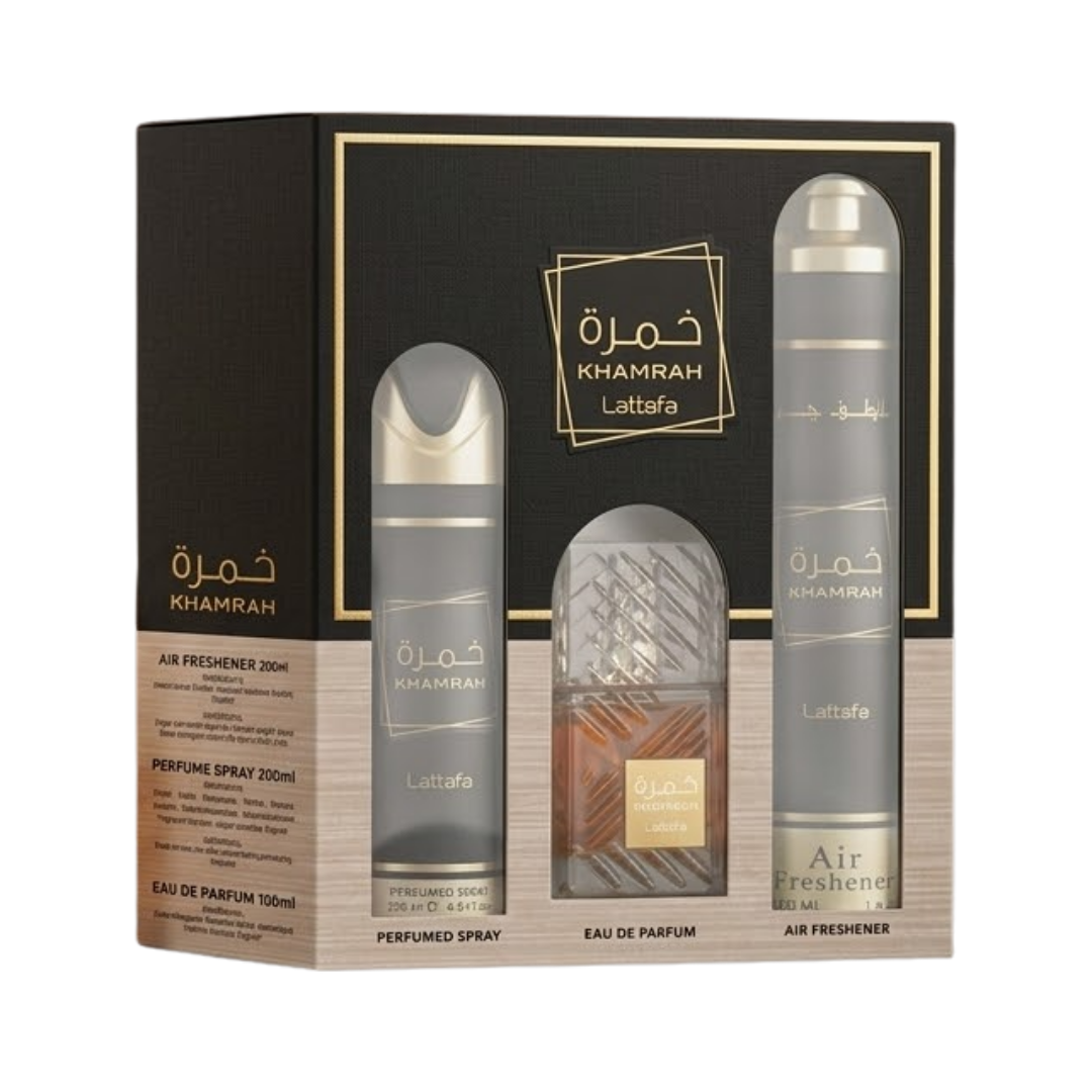 Lattafa Set Khamrah Khamrah 3 Pcs 3.4 Oz Edp 6.7 Oz Deo 10.1 Oz Air Freshner Men
