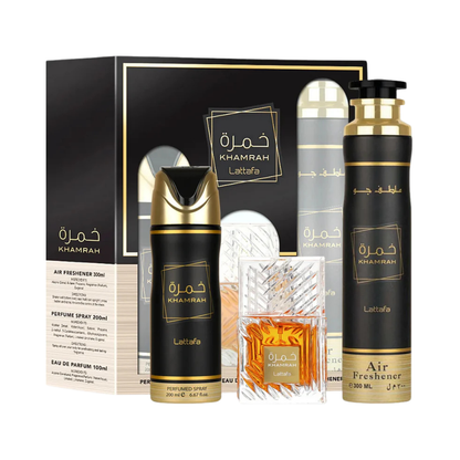 Lattafa Set Khamrah Khamrah 3 Pcs 3.4 Oz Edp 6.7 Oz Deo 10.1 Oz Air Freshner Men