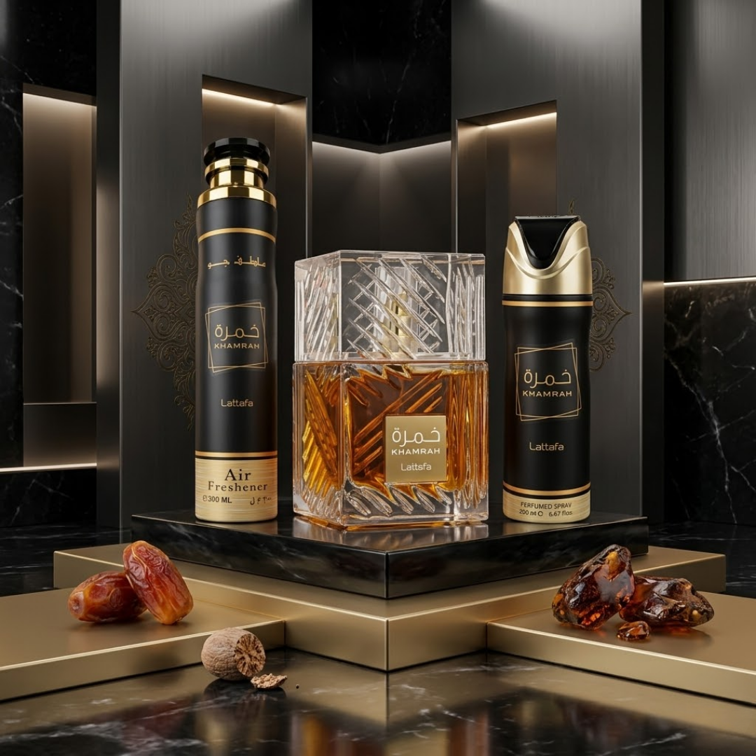 Lattafa Set Khamrah Khamrah 3 Pcs 3.4 Oz Edp 6.7 Oz Deo 10.1 Oz Air Freshner Men
