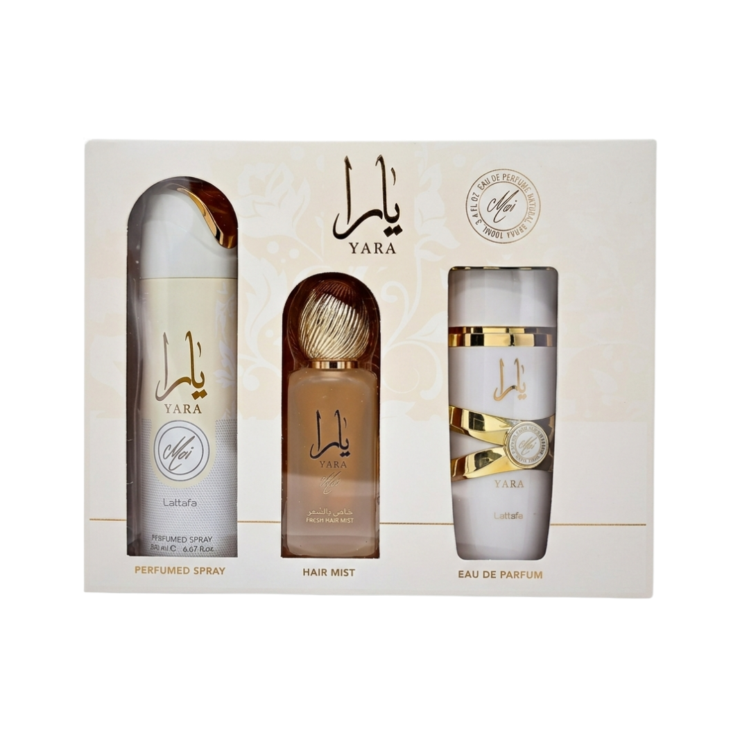 Lattafa Set Yara Moi 3.4 Oz + 6.8 Oz Deo + 1.7 Oz Hairmist Edp Women