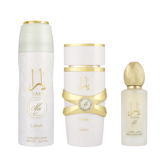 Lattafa Set Yara Moi 3.4 Oz + 6.8 Oz Deo + 1.7 Oz Hairmist Edp Women