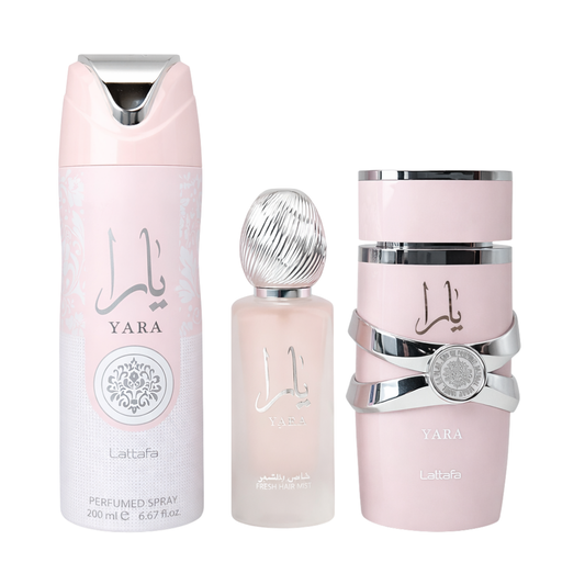 Lattafa Set Yara 3.4 Oz + 6.8 Oz Deo + 1.7 Oz Hairmist Edp Women