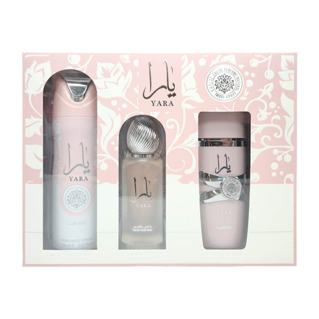 Lattafa Set Yara 3.4 Oz + 6.8 Oz Deo + 1.7 Oz Hairmist Edp Women