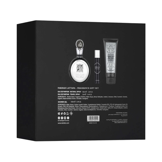 Lattafa Set Fakhar Black 3.4 Oz Edp + Travel 0.30 Oz + Shower Gel 3.4 Oz Men