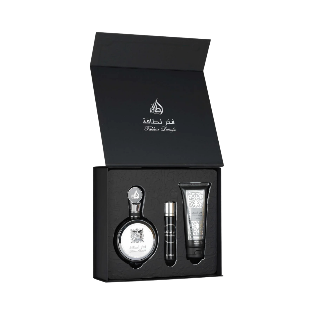 Lattafa Set Fakhar Black 3.4 Oz Edp + Travel 0.30 Oz + Shower Gel 3.4 Oz Men