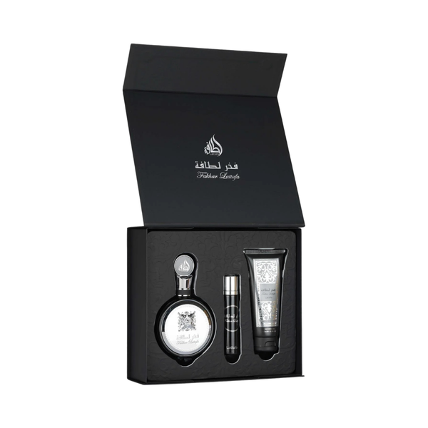 Lattafa Set Fakhar Black 3.4 Oz Edp + Travel 0.30 Oz + Shower Gel 3.4 Oz Men