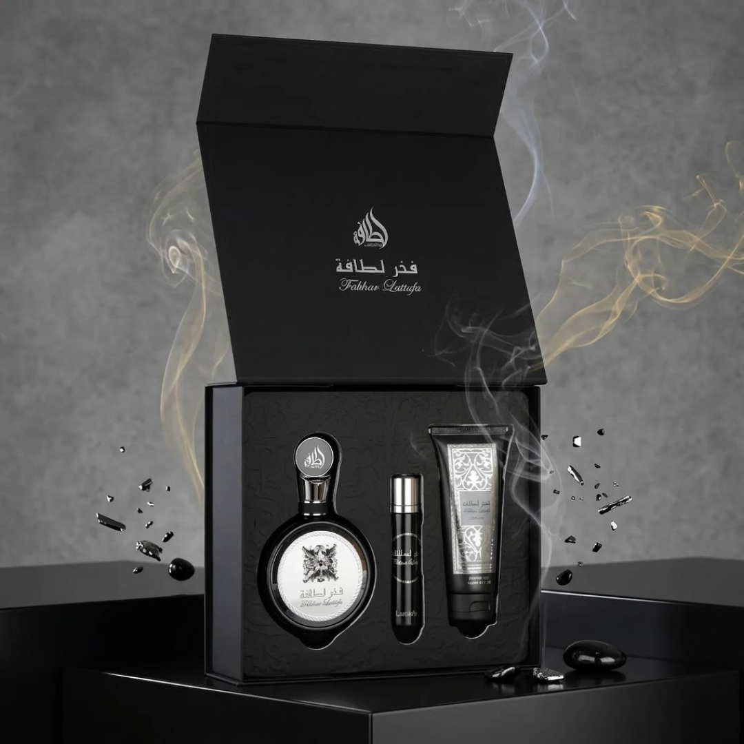 Lattafa Set Fakhar Black 3.4 Oz Edp + Travel 0.30 Oz + Shower Gel 3.4 Oz Men
