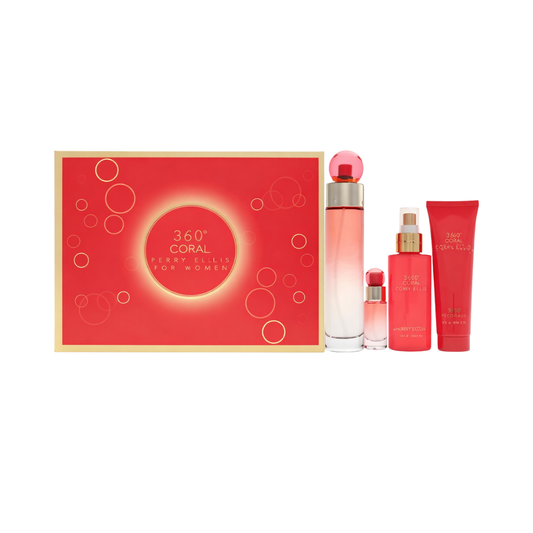 Perry Ellis Set 360 Coral 3.4 Oz Edp & Body Mist 4 Oz & Shower Gel 3 Oz & Edp 0.25 Oz Women