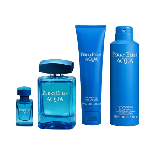 Perry Ellis Set Aqua Men EDT 3.4 Oz & Deodorant 6.0 Oz & Shower Gel 1.7 Oz & Mini Men EDT 0.25 Oz