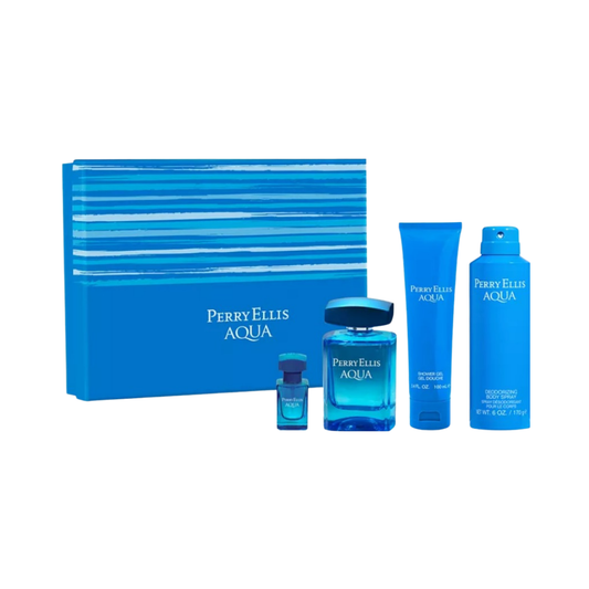 Perry Ellis Set Aqua Men EDT 3.4 Oz & Deodorant 6.0 Oz & Shower Gel 1.7 Oz & Mini Men EDT 0.25 Oz