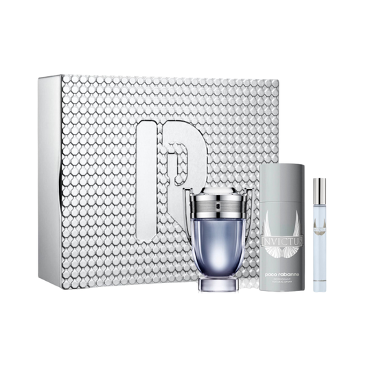 Paco Rabanne Set Invictus  3 Pcs 3.4 Oz Edt + 5.1 Oz Deo + 10Ml Edt Men