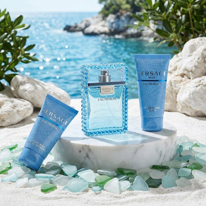 Versace Eau Fraiche 3pc Set (1.7 Oz EDT, 1.7 Oz Bath & Shower Gel, 1.7 Oz Aftershave Balm) for Men