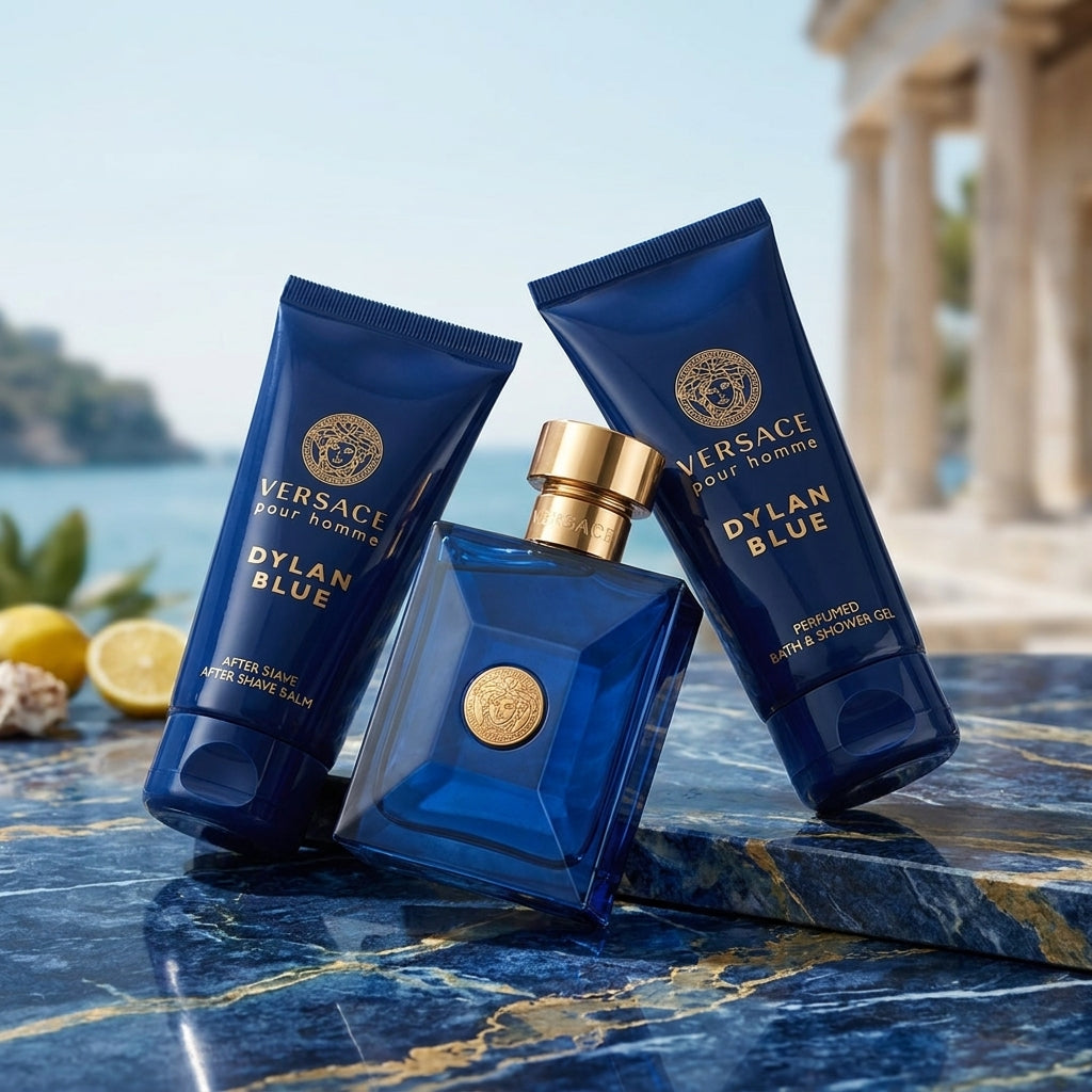 Versace Dylan Blue 3pc Set (1.7 Oz EDT, 1.7 Oz Aftershave Balm and 1.7 Oz Bath & Shower Gel) for Men