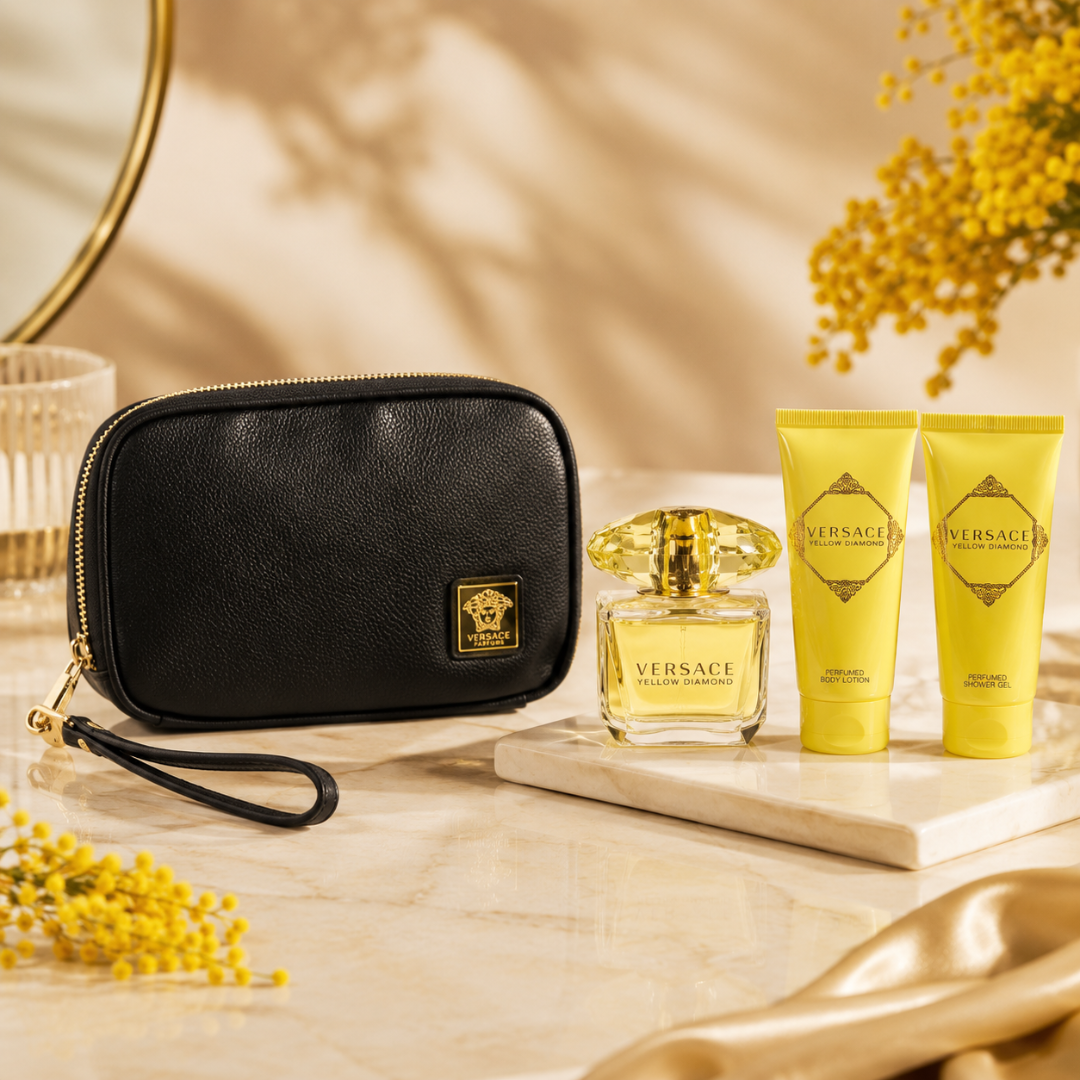 Versace Yellow Diamond 4pc Set(3.0 Oz EDT, 3.4 Oz Body Lotion,3.4 Oz Shower Gel and Bag) for Women