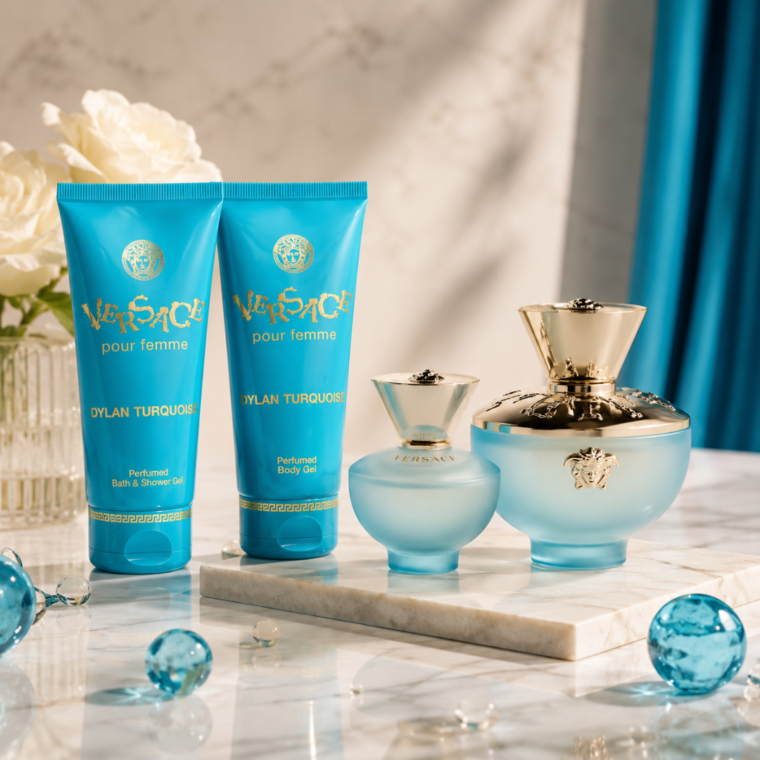 Versace Set Dylan Turquoise 3.4 Oz Edt & 3.4 Oz Body Lotion & 3.4 Oz Shower Gel & 0.17 Oz Edt Women