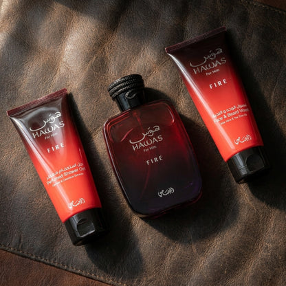 Rasasi Set Hawas Fire 3.38 Oz Edp + 3.38 Oz Face & Beard Wash + 3.38 Oz  Men