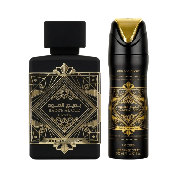 Lattafa Set Badee Al Oud 3.4 Oz Edp + Body Spray 6.4 Oz Men