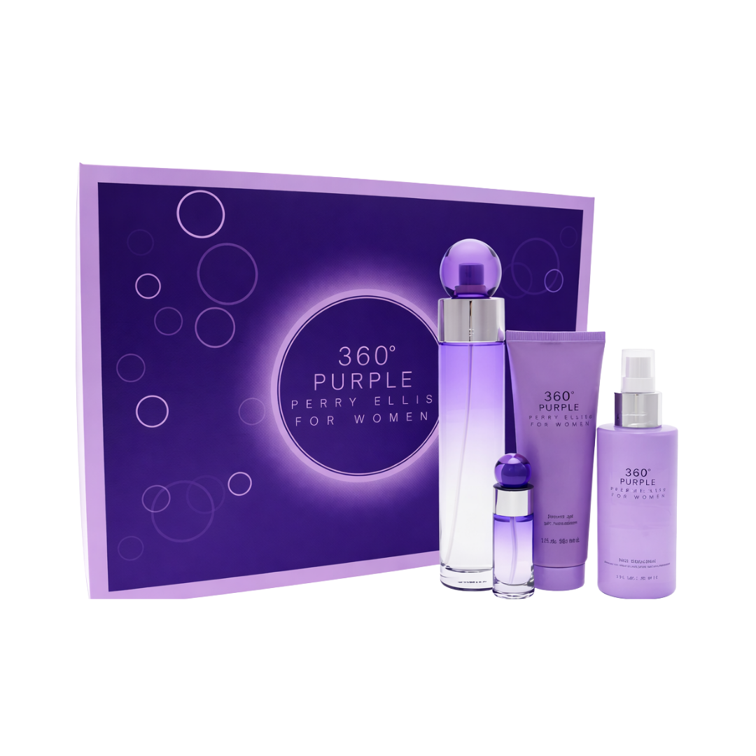 Perry Ellis Set 360 Purple 3.4 Oz Edp & Body Mist 4.0 Oz & Shower Gel 3.0 Oz & Mini Women 0.25 Oz