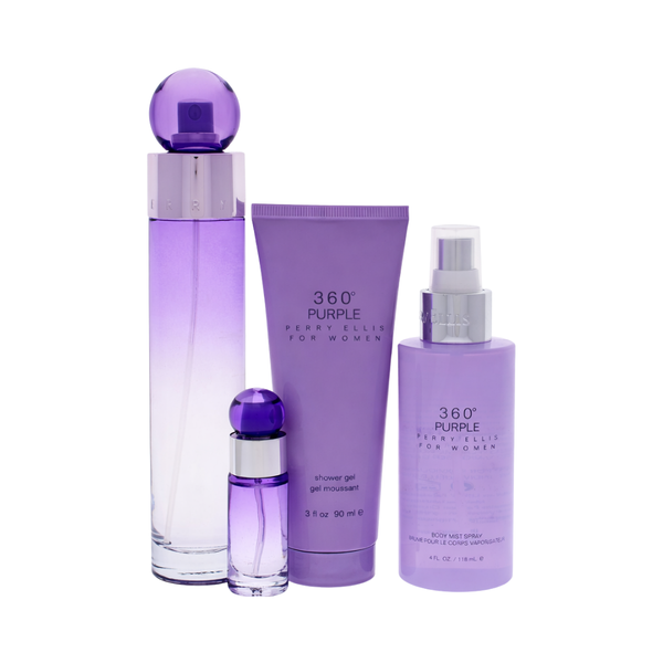 Perry Ellis Set 360 Purple 3.4 Oz Edp & Body Mist 4.0 Oz & Shower Gel 3.0 Oz & Mini Women 0.25 Oz
