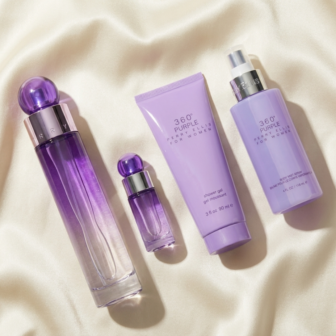 Perry Ellis Set 360 Purple 3.4 Oz Edp & Body Mist 4.0 Oz & Shower Gel 3.0 Oz & Mini Women 0.25 Oz
