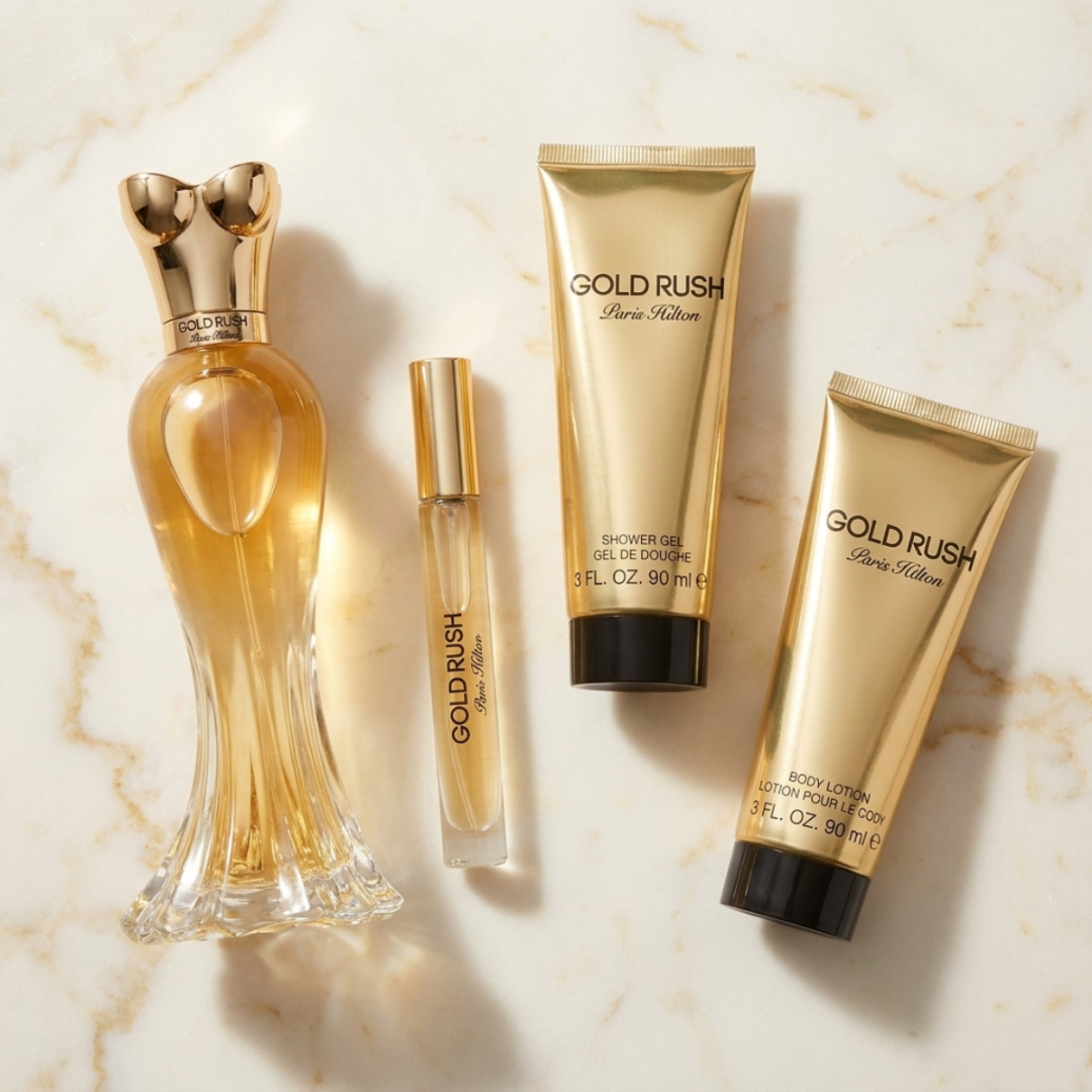 Paris Hilton Set Gold Rush 3.4 Oz Edt & 3.0 Oz Body Mist & 3.0 Oz Shower Gel & 0.34 Oz Edt Women