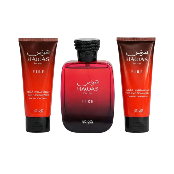 Rasasi Set Hawas Fire 3.38 Oz Edp + 3.38 Oz Face & Beard Wash + 3.38 Oz  Men