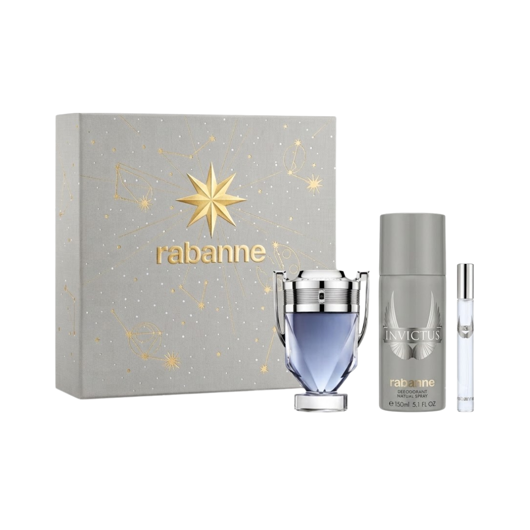 Rabanne Set Invictus  3 Pcs 3.4 Oz Edt + 5.1 Oz Deo + 10Ml Edt Men